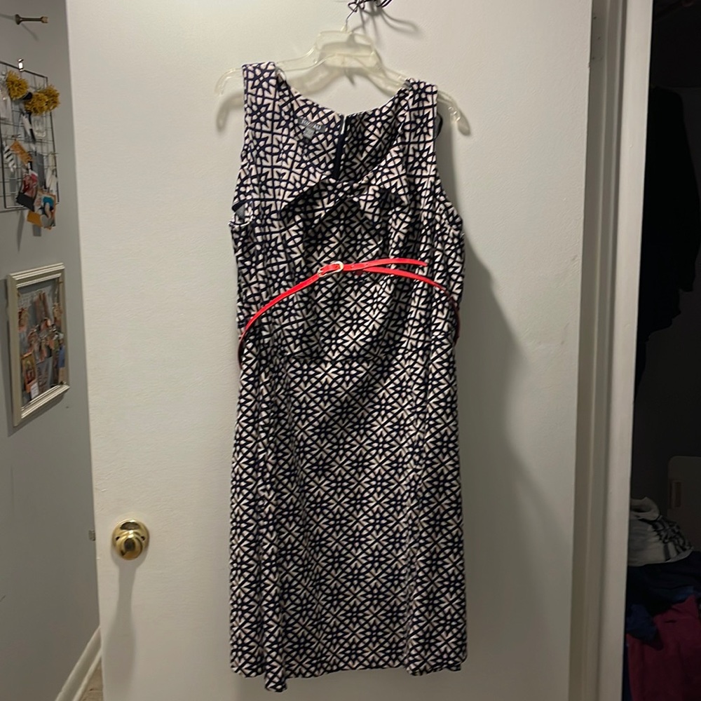 EUC sleeveless cream and navy dress with red belt.navy sweater listed separate
